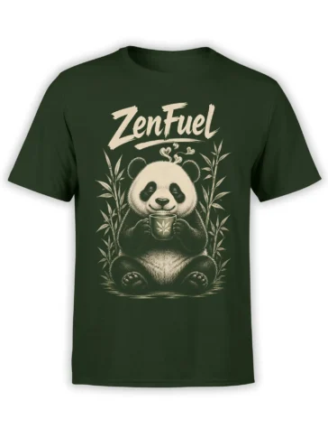 Peaceful panda holding a cup among bamboo with ZenFuel lettering on a green T-shirt