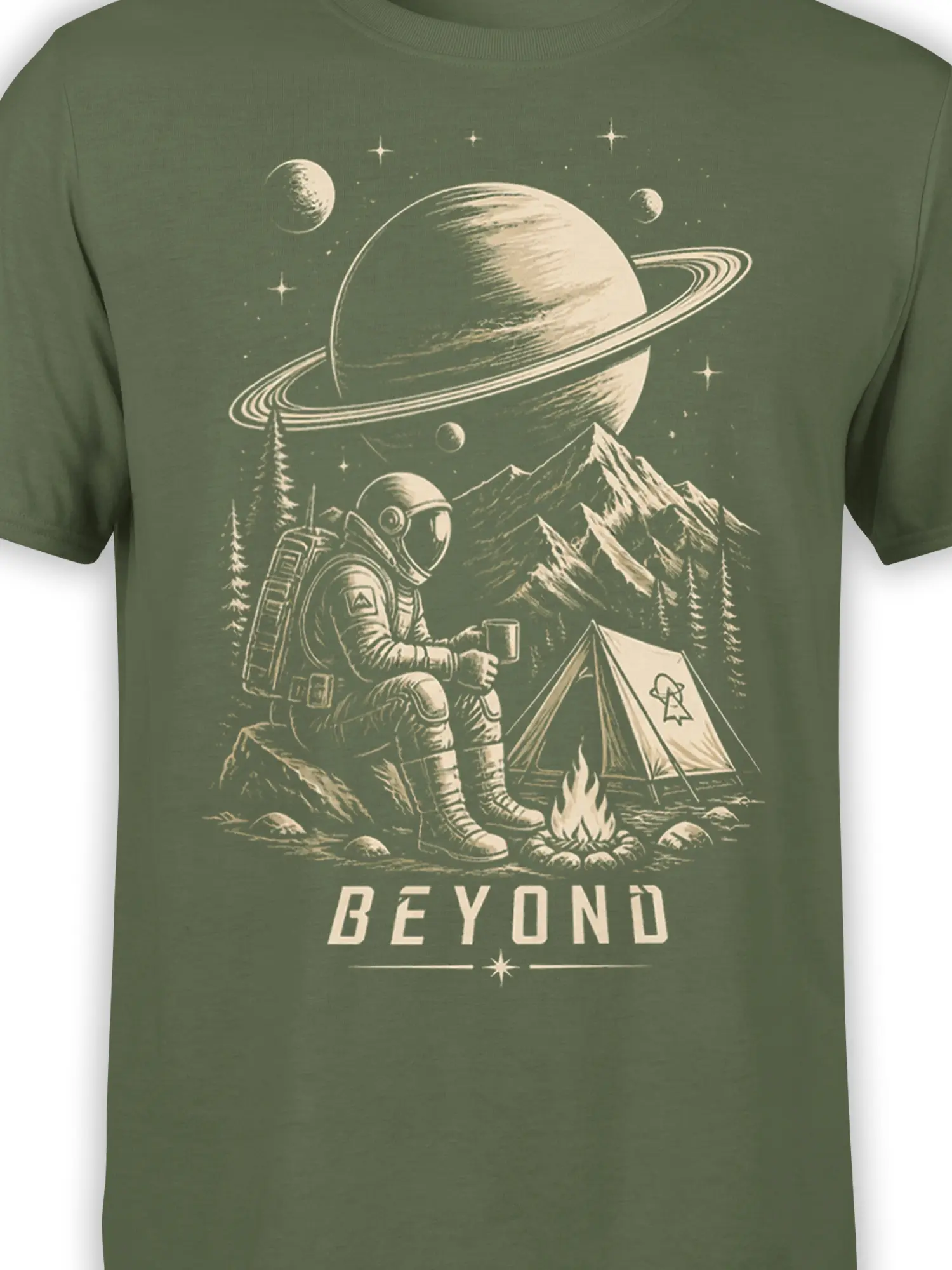 Close-up of vintage astronaut camping artwork with a ringed planet, mountains, tent, campfire, and BEYOND text