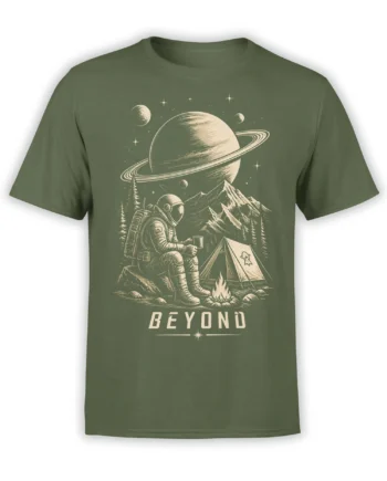 Olive green astronaut camping T-shirt with a ringed planet, mountain scene, campfire, tent, stars, and BEYOND text