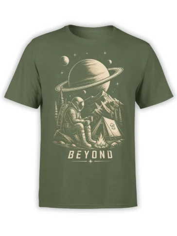 Olive green astronaut camping T-shirt with a ringed planet, mountain scene, campfire, tent, stars, and BEYOND text