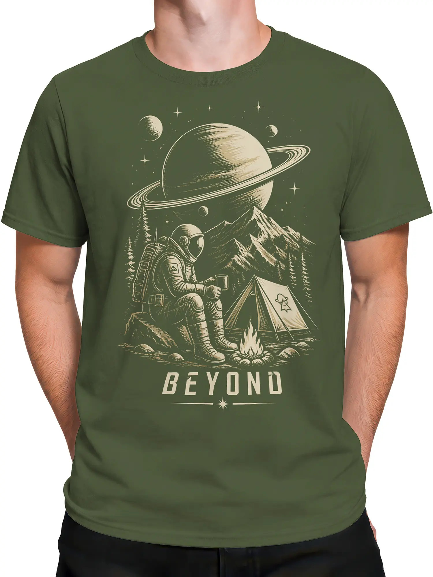 Male torso wearing an olive green space camping T-shirt with a vintage astronaut, mountains, ringed planet, tent, and campfire