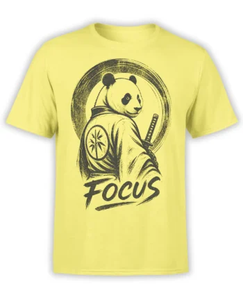 Yellow panda warrior T-shirt with sword, bamboo shield, and bold FOCUS lettering