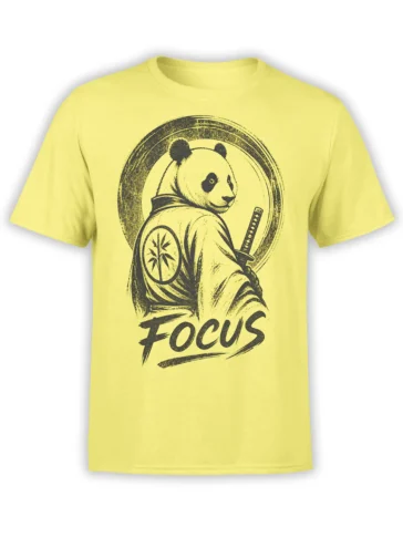 Yellow panda warrior T-shirt with sword, bamboo shield, and bold FOCUS lettering