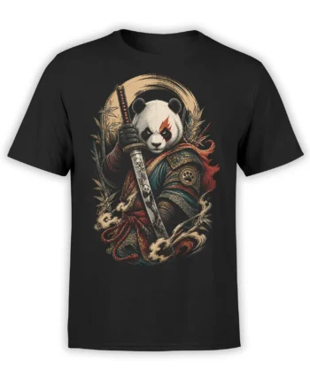 Black T-shirt featuring a fierce panda warrior in samurai armor with swords, bamboo, and curling clouds