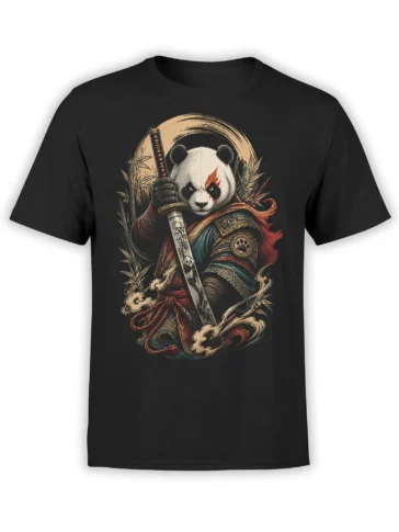 Black T-shirt featuring a fierce panda warrior in samurai armor with swords, bamboo, and curling clouds