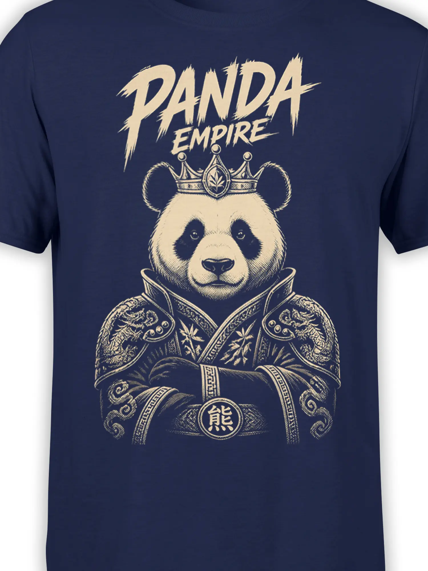 Close-up of crowned panda artwork and ornate armor on a navy graphic T-shirt