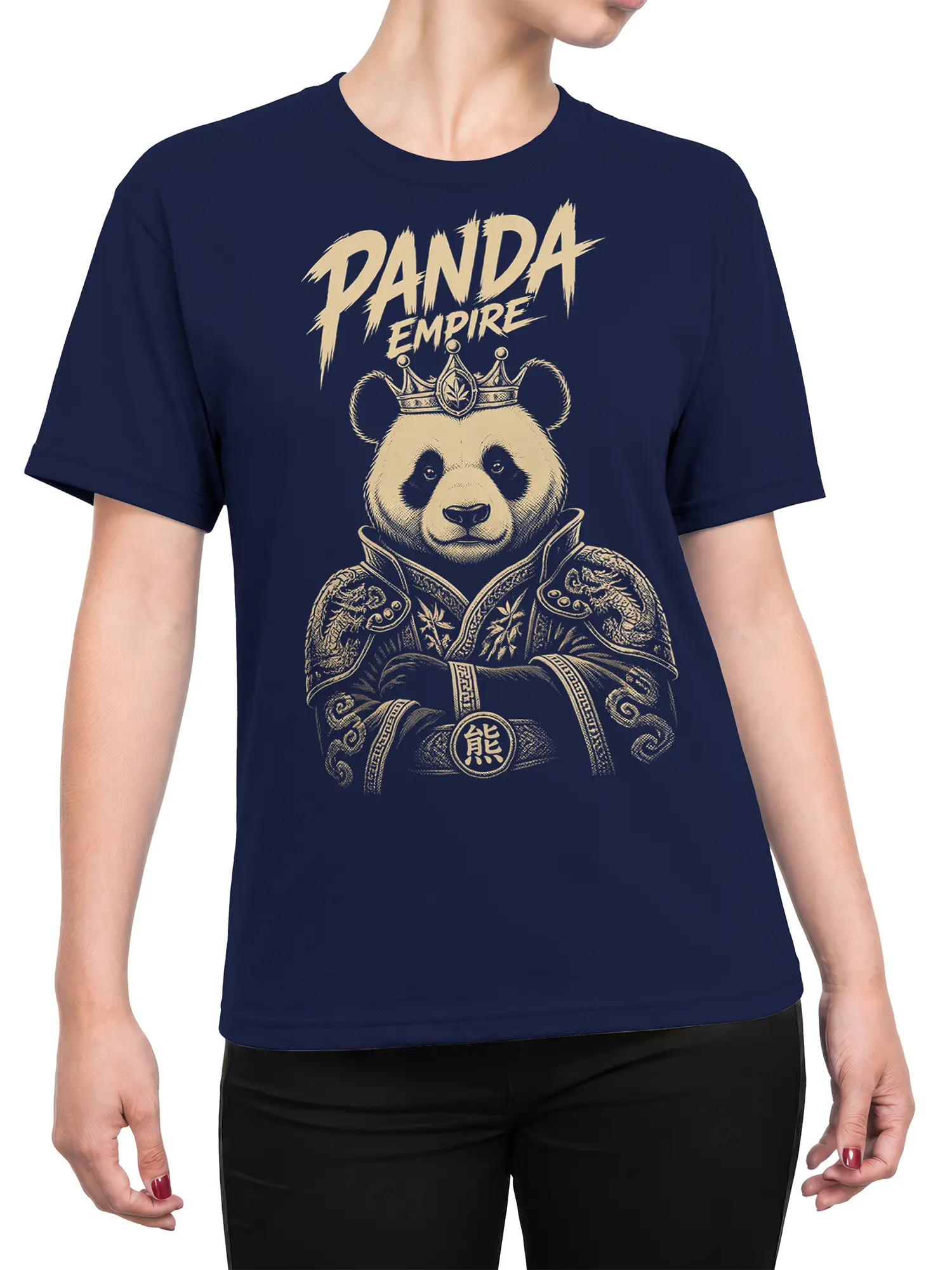 Female torso wearing a navy T-shirt with crowned panda and Panda Empire artwork