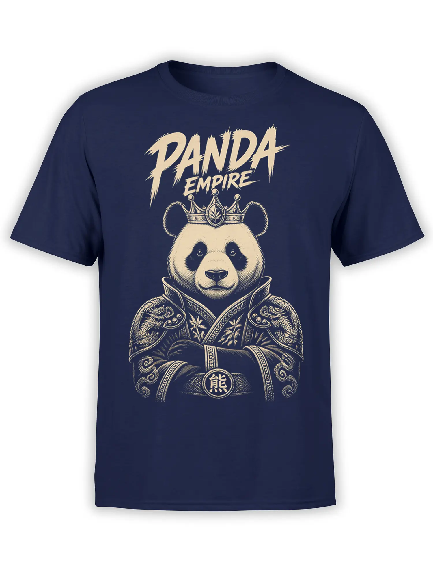 Royal crowned panda in ornate armor with Panda Empire text on a navy T-shirt