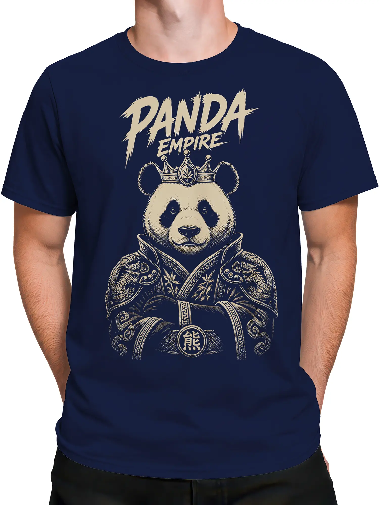 Male torso wearing a navy T-shirt with royal crowned panda artwork