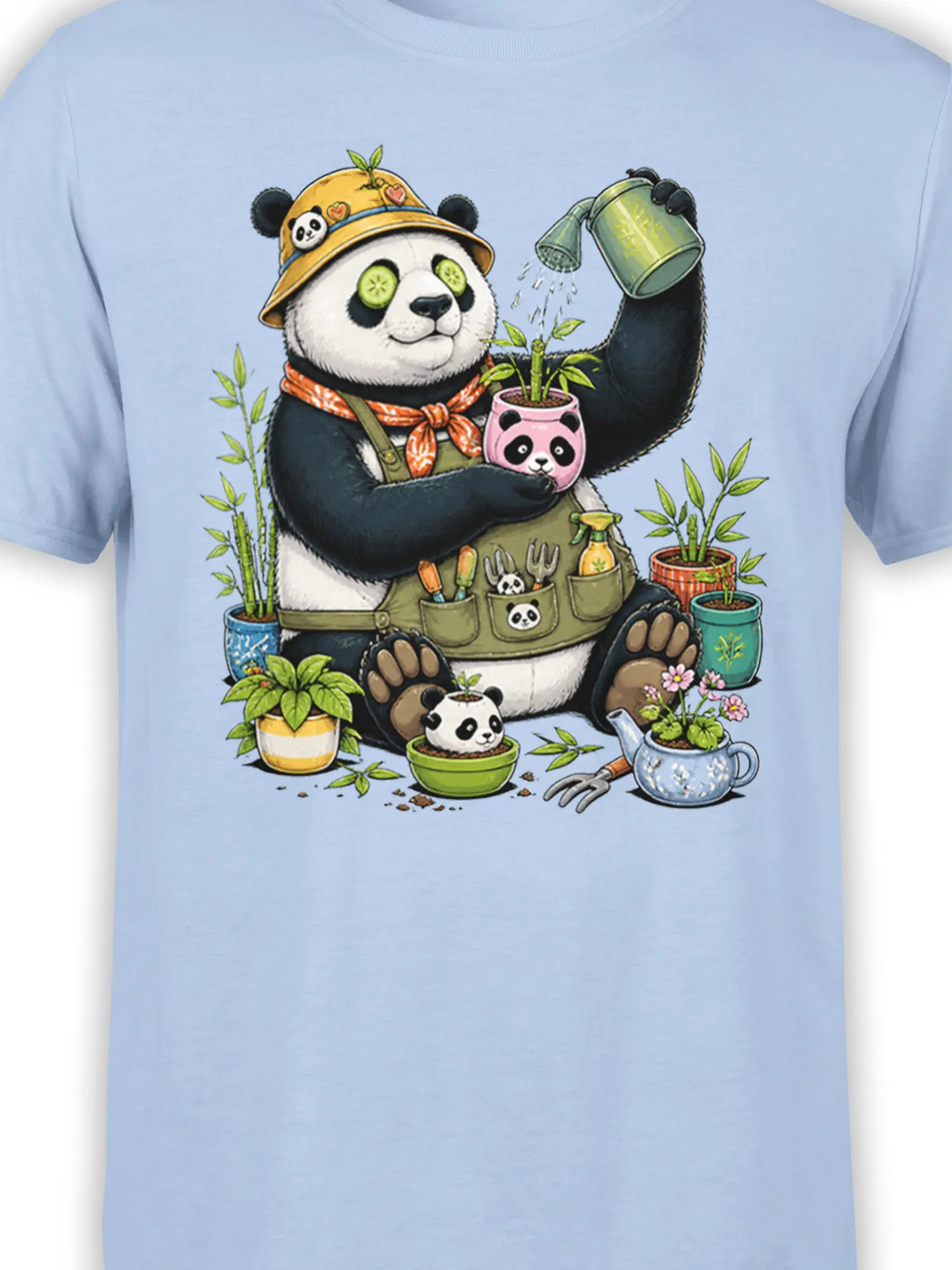Close-up of panda gardener artwork with watering can, pink panda planter, leafy plants, and apron details
