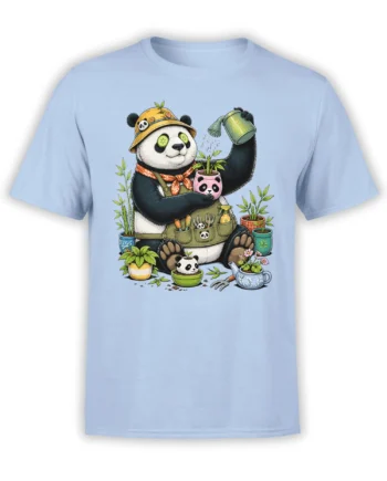 Light blue panda gardener T-shirt with potted plants, bamboo leaves, watering can, and garden tools