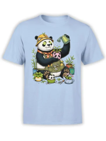 Light blue panda gardener T-shirt with potted plants, bamboo leaves, watering can, and garden tools