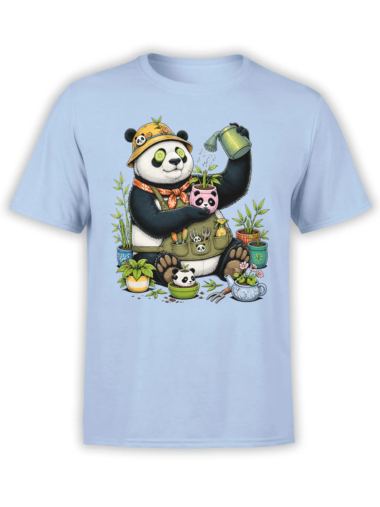 Light blue panda gardener T-shirt with potted plants, bamboo leaves, watering can, and garden tools