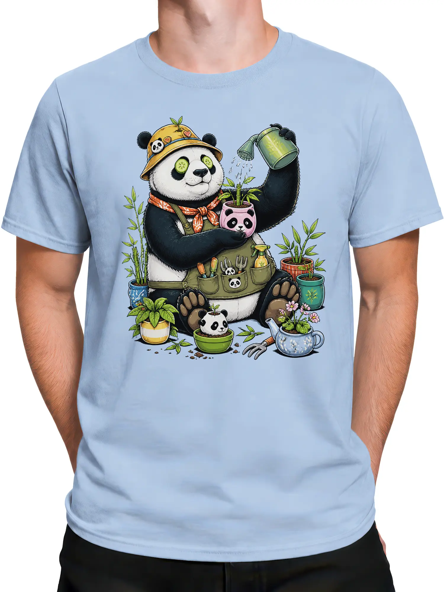 Male torso wearing a light blue panda gardener T-shirt with potted plants and bamboo artwork