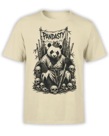 Dark fantasy panda T-shirt with bamboo, skulls, a staff, and Pandasty banner on beige fabric