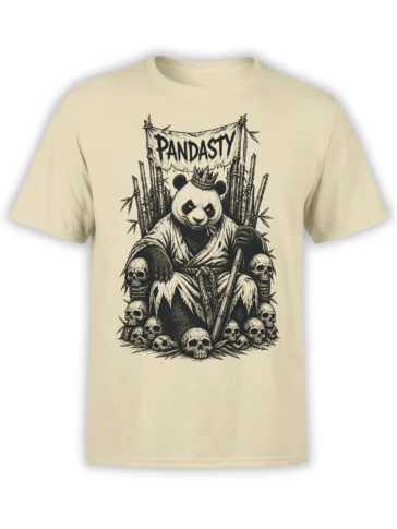 Dark fantasy panda T-shirt with bamboo, skulls, a staff, and Pandasty banner on beige fabric