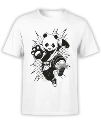 White T-shirt featuring a fierce panda in a martial arts pose with a raised paw and flying kick