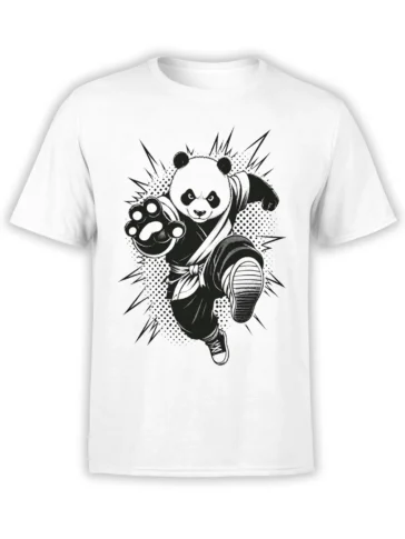 White T-shirt featuring a fierce panda in a martial arts pose with a raised paw and flying kick