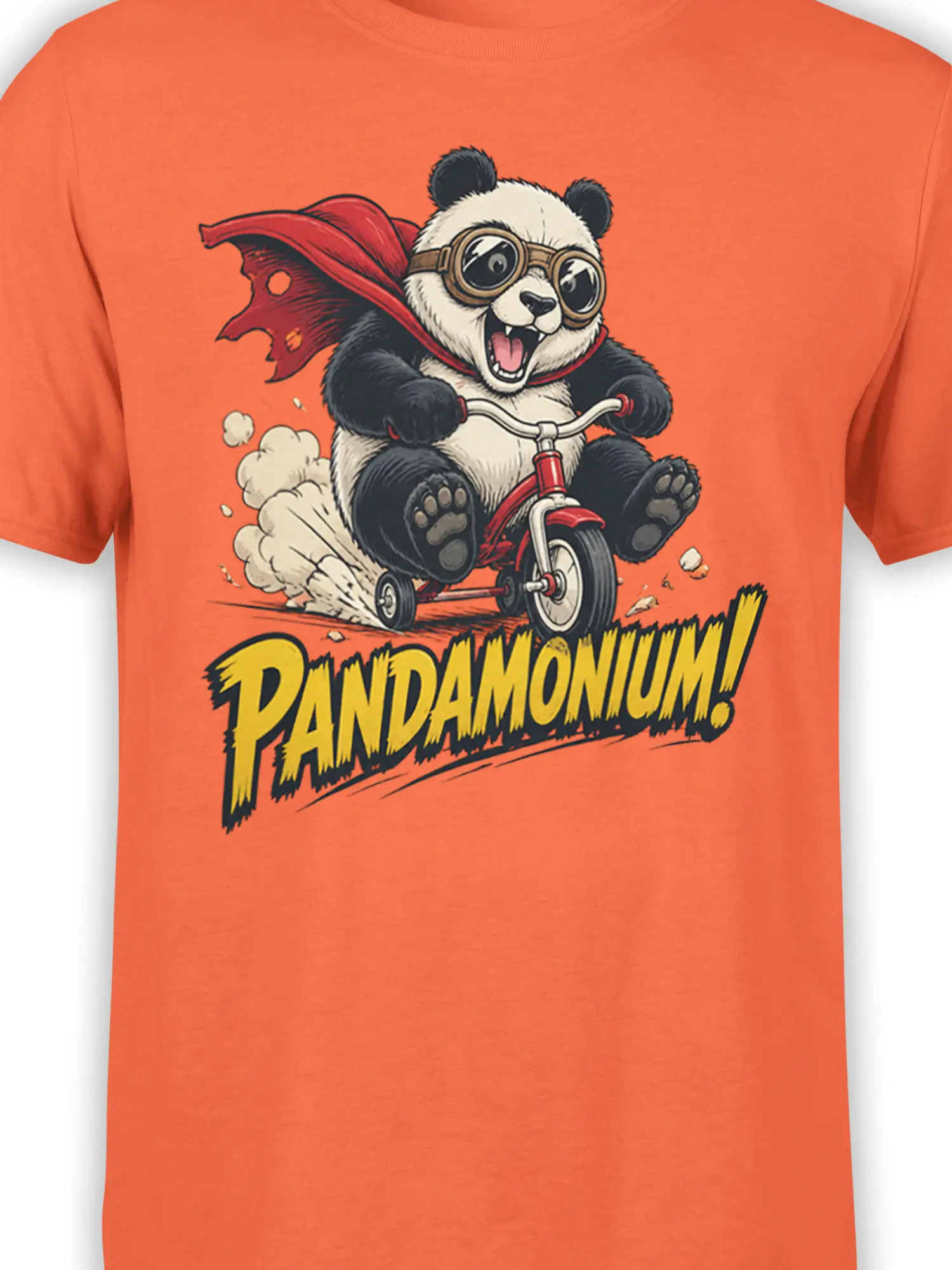 Close-up of goggle-wearing panda on a red tricycle with a cape and PANDAMONIUM text on an orange shirt