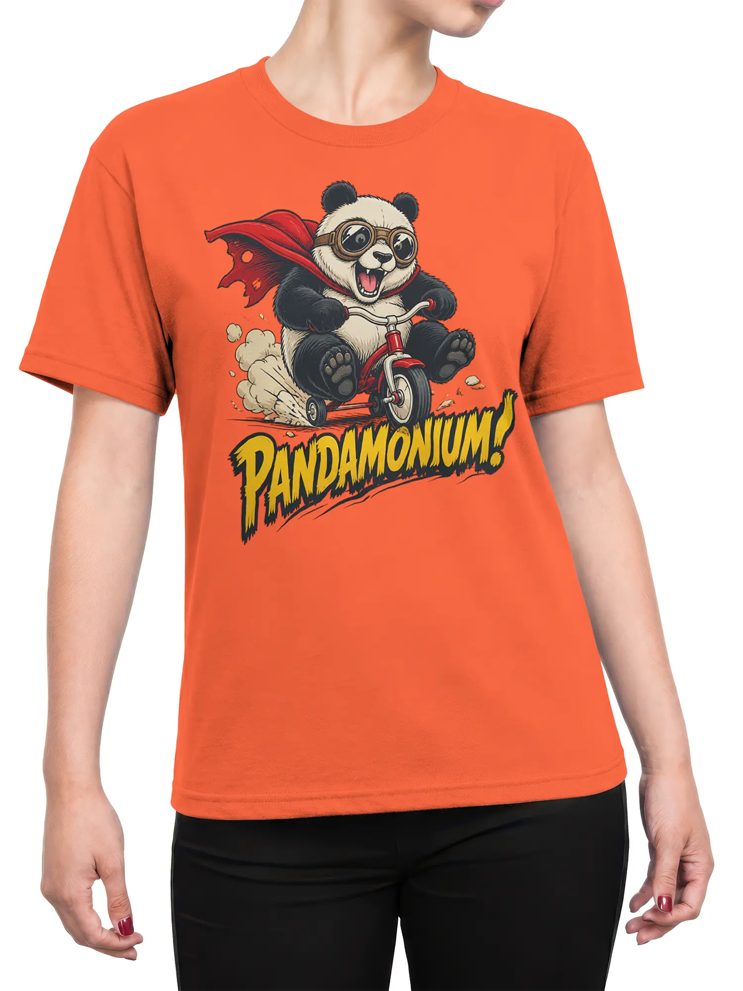 Female torso wearing an orange panda graphic tee with a goggle-wearing tricycle rider and PANDAMONIUM lettering