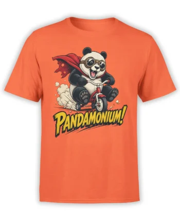 Orange panda t-shirt with a goggle-wearing panda riding a tricycle beneath bold PANDAMONIUM lettering