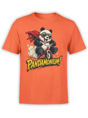 Orange panda t-shirt with a goggle-wearing panda riding a tricycle beneath bold PANDAMONIUM lettering