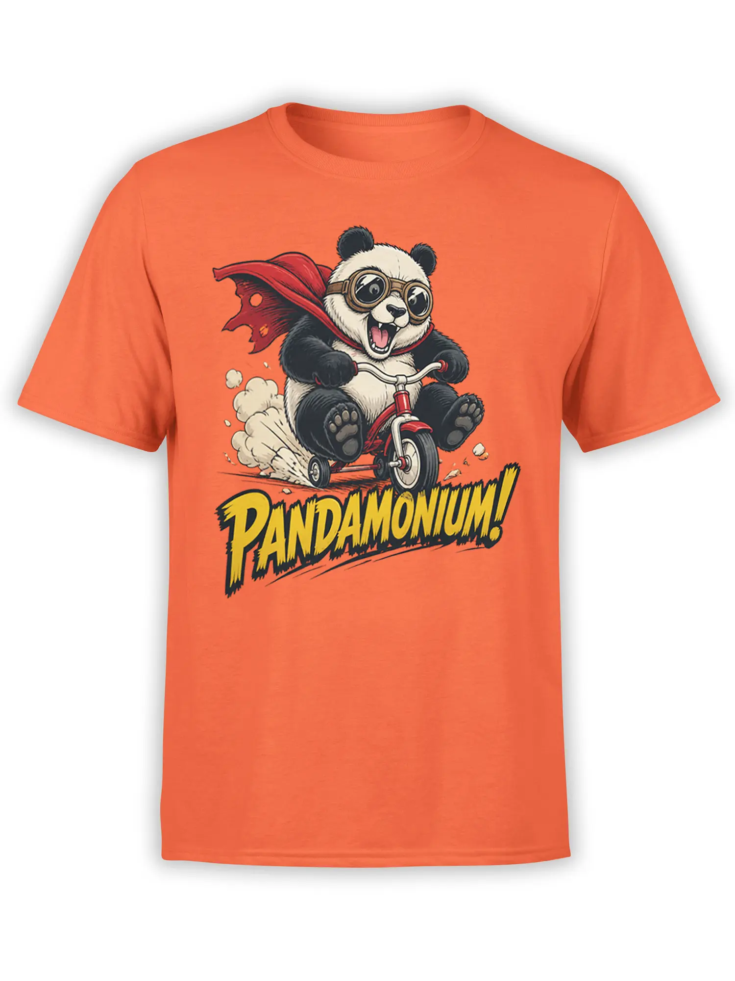 Orange panda t-shirt with a goggle-wearing panda riding a tricycle beneath bold PANDAMONIUM lettering