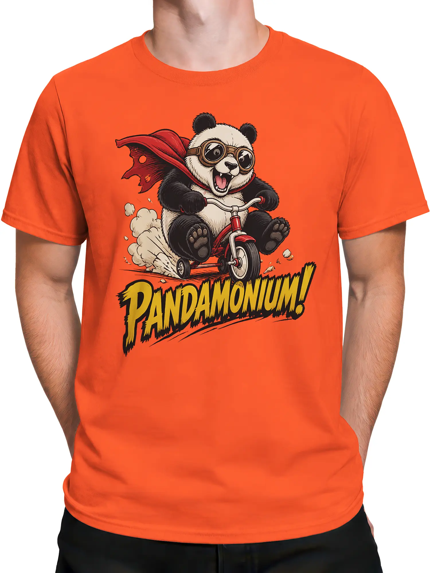 Male torso wearing an orange panda t-shirt with a tricycle rider, flying cape, and bold PANDAMONIUM design