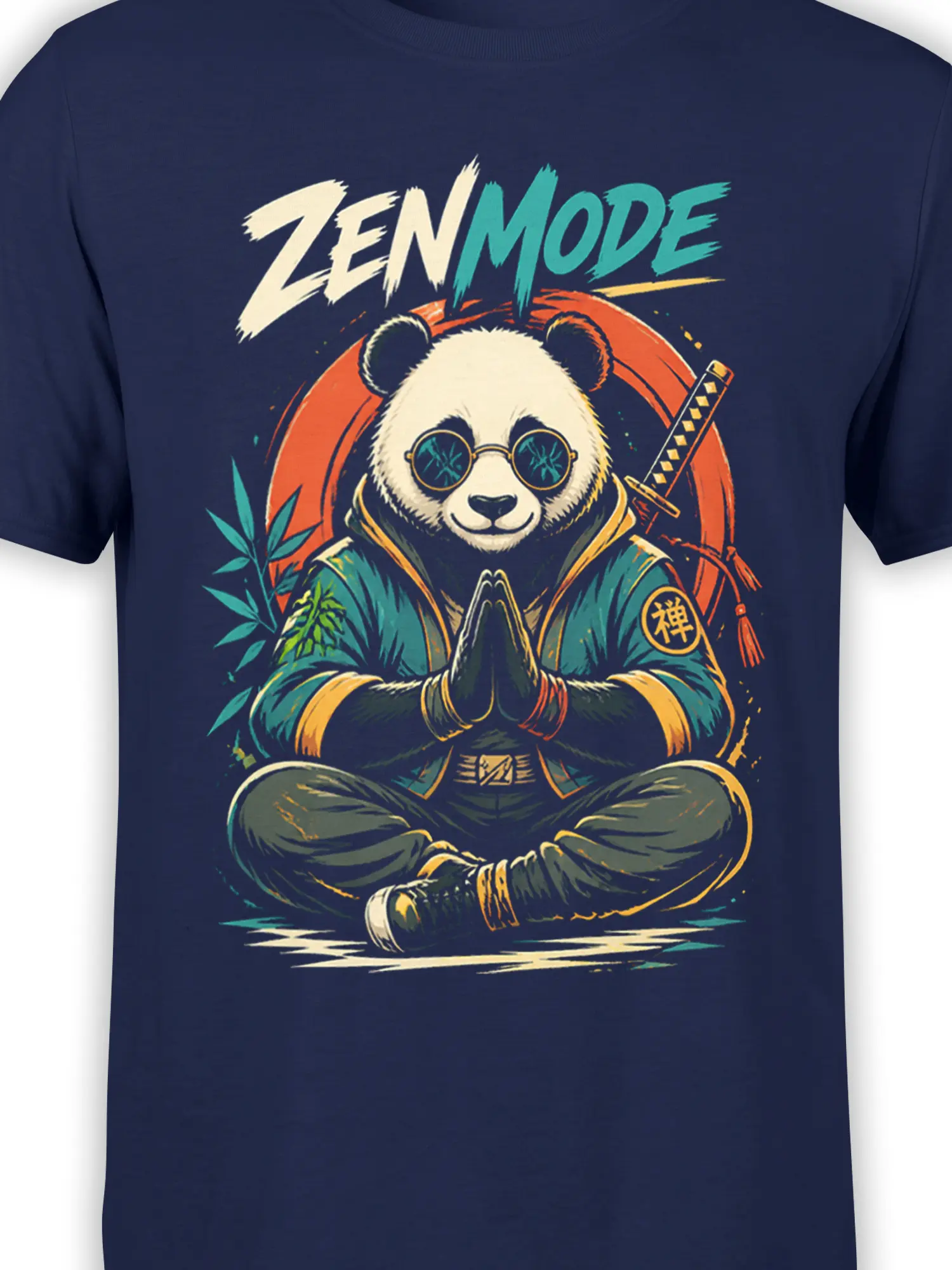 Close-up of the meditating panda, sunglasses, bamboo, sword, and colorful Zen Mode artwork