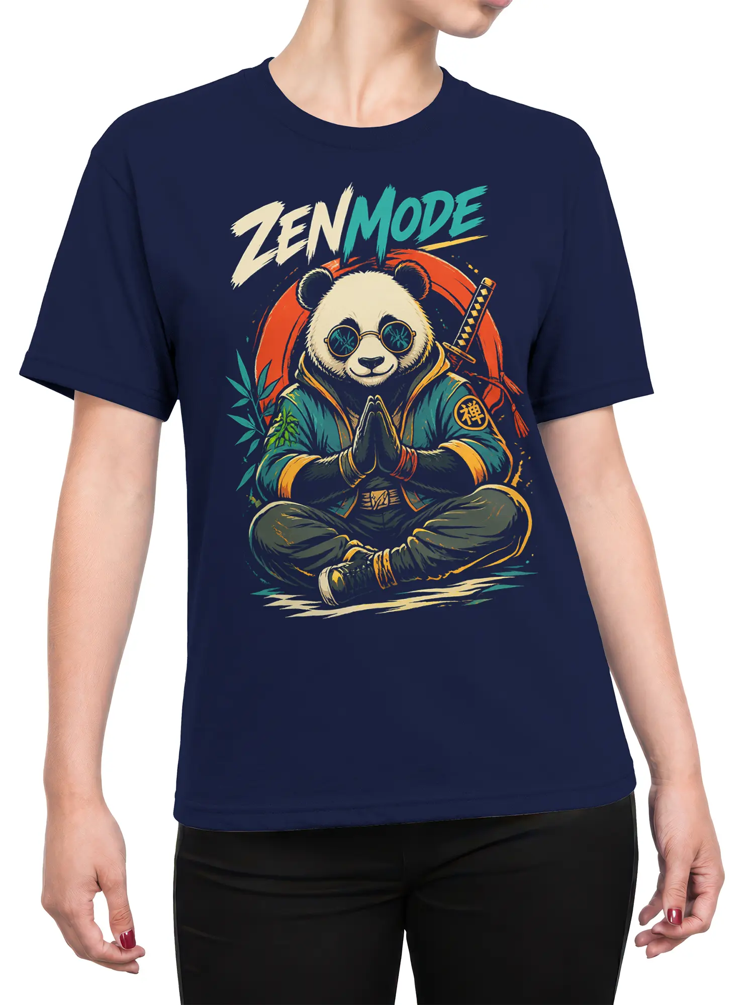 Female torso wearing a navy Zen Mode panda T-shirt with sunglasses, bamboo, and sword artwork
