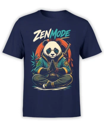 Zen panda in sunglasses meditating with bamboo and a sword on a navy T-shirt
