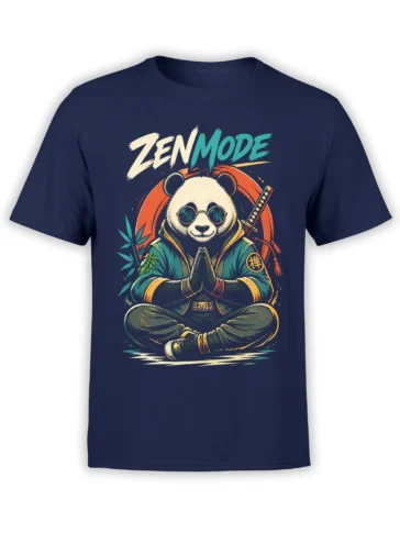 Zen panda in sunglasses meditating with bamboo and a sword on a navy T-shirt