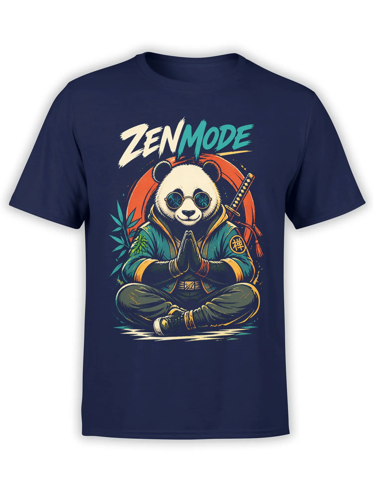 Zen panda in sunglasses meditating with bamboo and a sword on a navy T-shirt