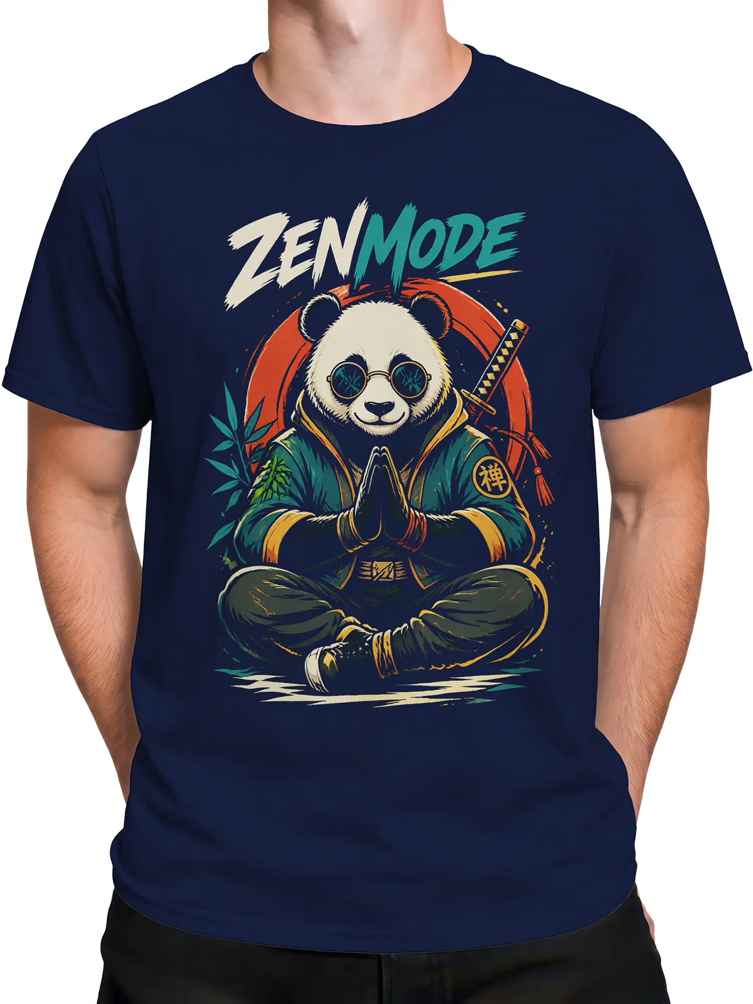 Male torso wearing a navy Zen Mode panda T-shirt with colorful meditation artwork