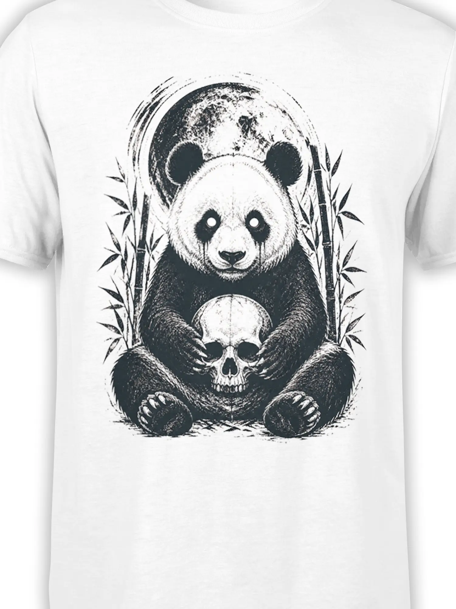 Close-up of panda holding a skull with bamboo on a white graphic T-shirt