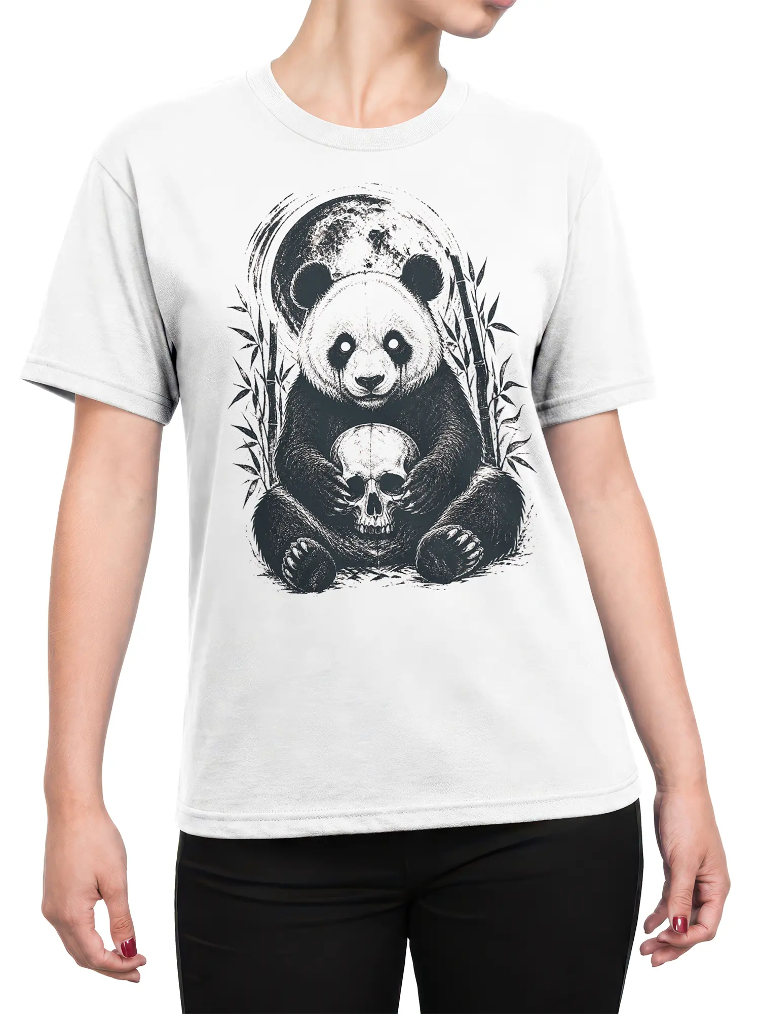 Female torso wearing a white panda T-shirt with skull and bamboo artwork
