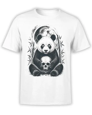 White panda T-shirt with black-and-white panda holding a skull among bamboo