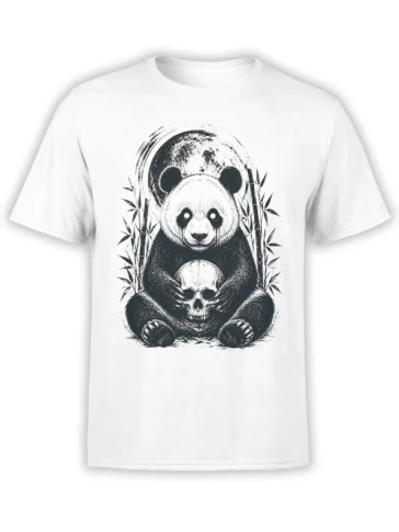 White panda T-shirt with black-and-white panda holding a skull among bamboo