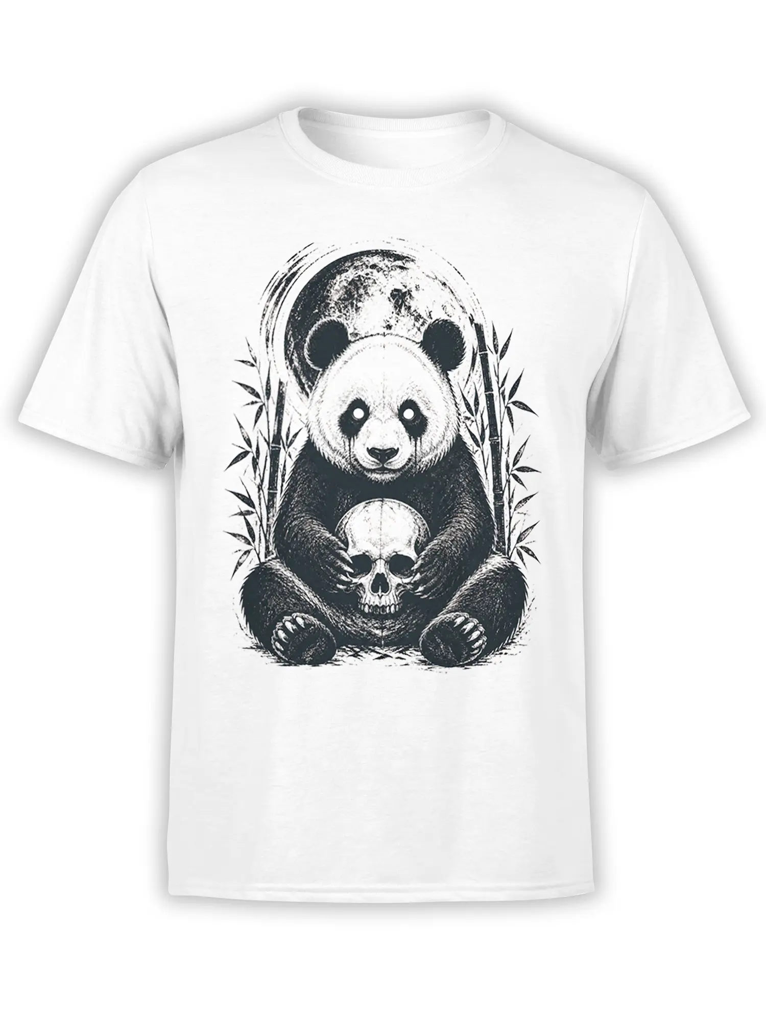 White panda T-shirt with black-and-white panda holding a skull among bamboo