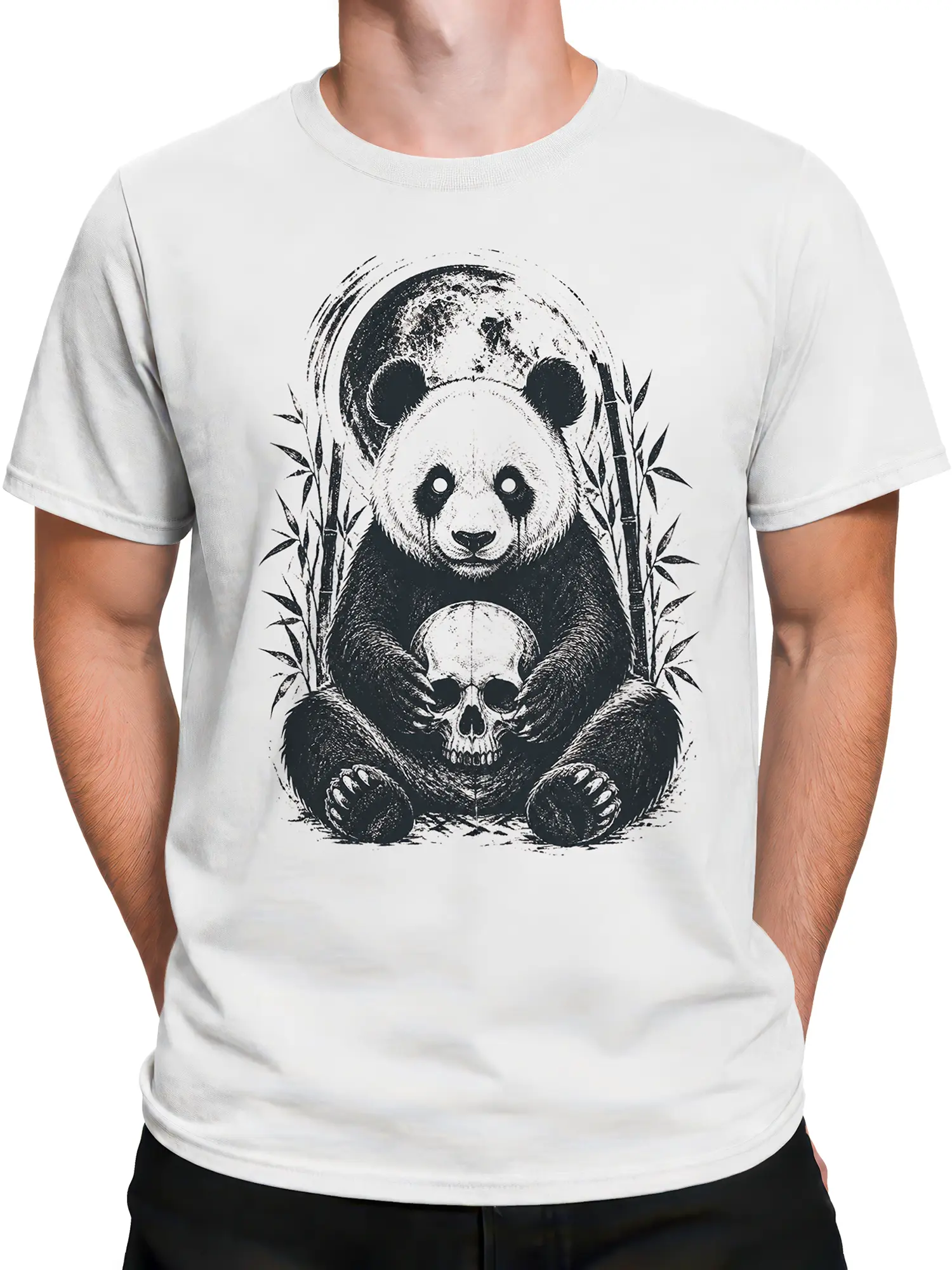 Male torso wearing a white panda T-shirt with skull and bamboo artwork