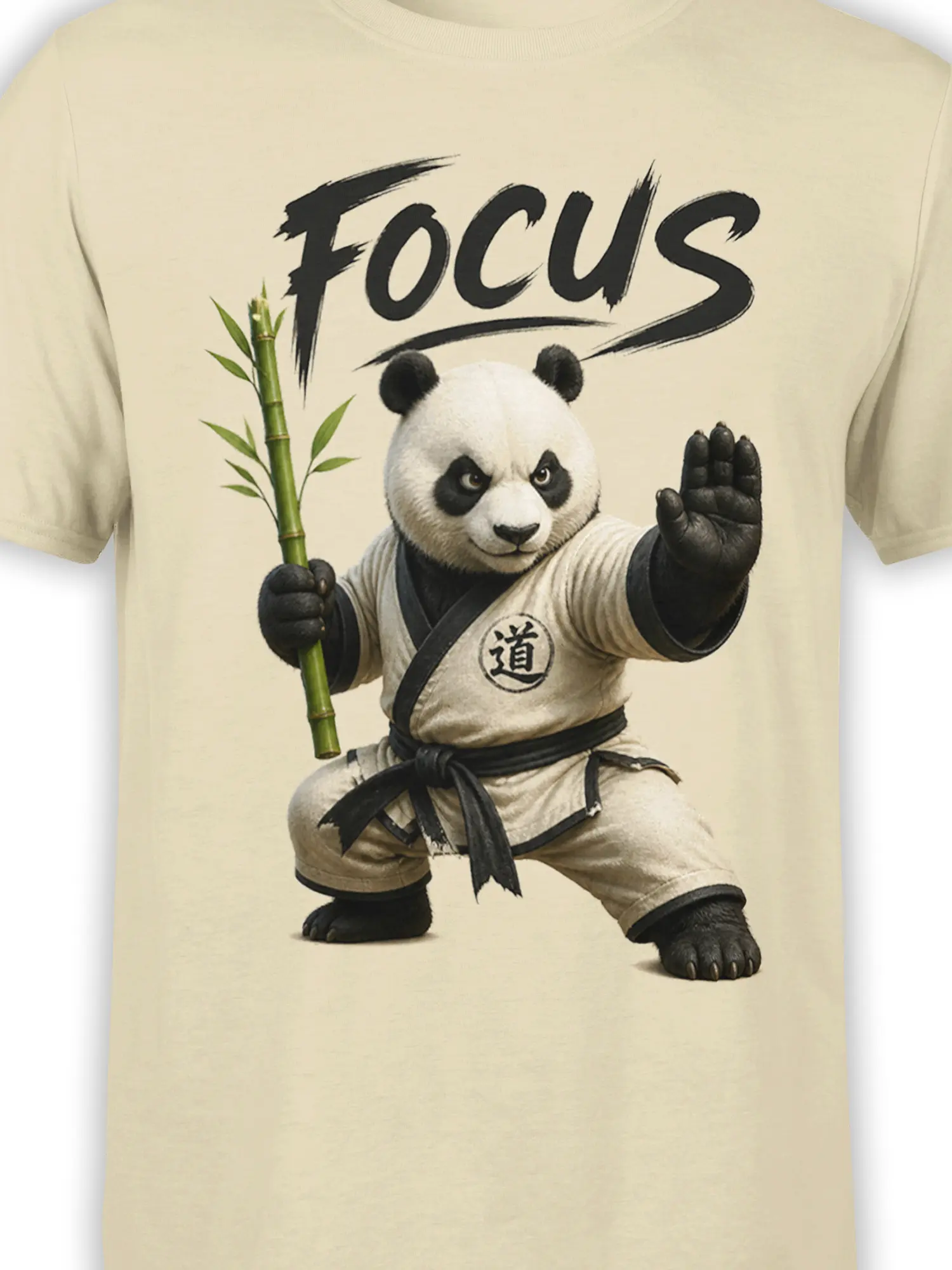 Close-up of focused panda artwork, bamboo staff, raised paw, and Focus lettering on beige fabric