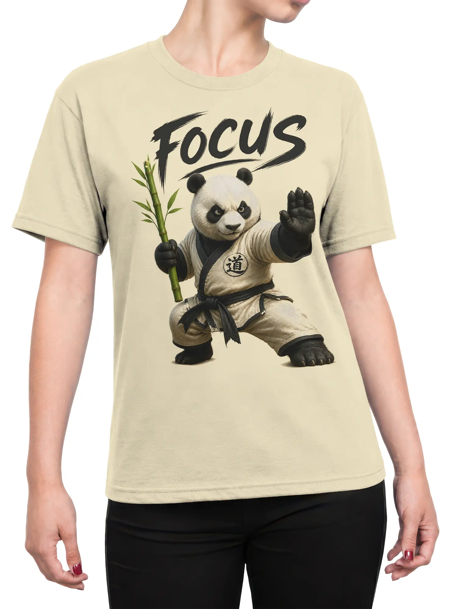 Female torso wearing beige panda T-shirt with bamboo staff and Focus martial-arts artwork