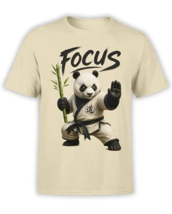 Beige panda martial arts T-shirt with bamboo staff, raised paw, and bold Focus lettering