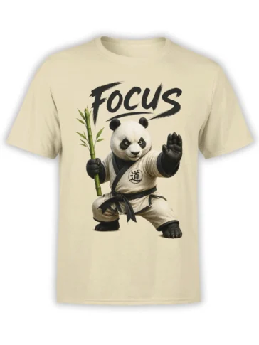 Beige panda martial arts T-shirt with bamboo staff, raised paw, and bold Focus lettering