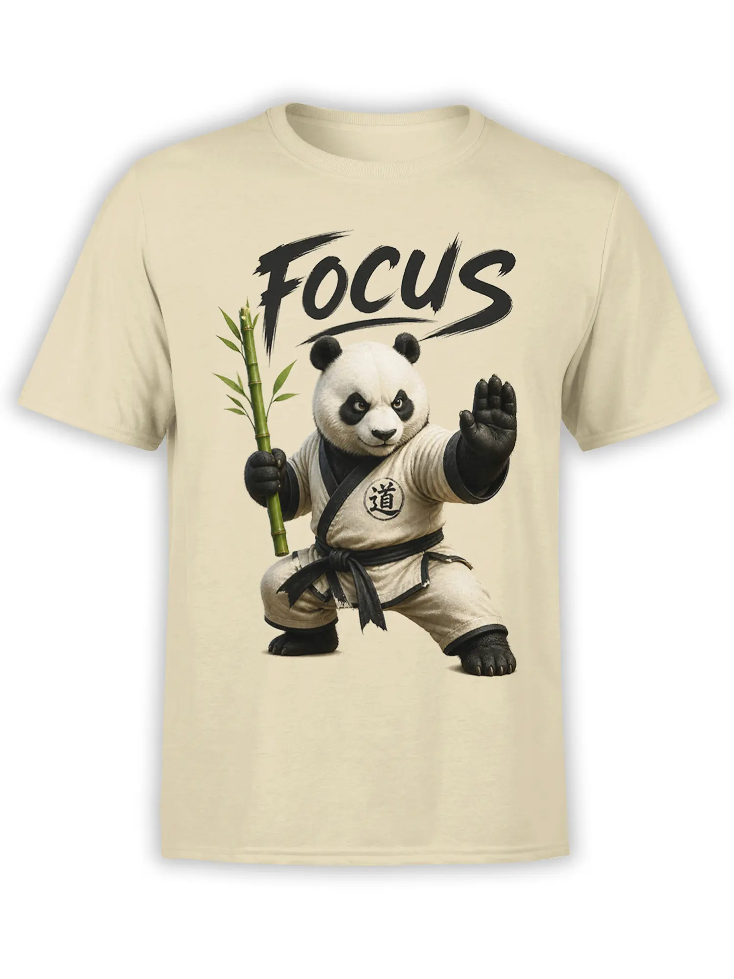 Beige panda martial arts T-shirt with bamboo staff, raised paw, and bold Focus lettering