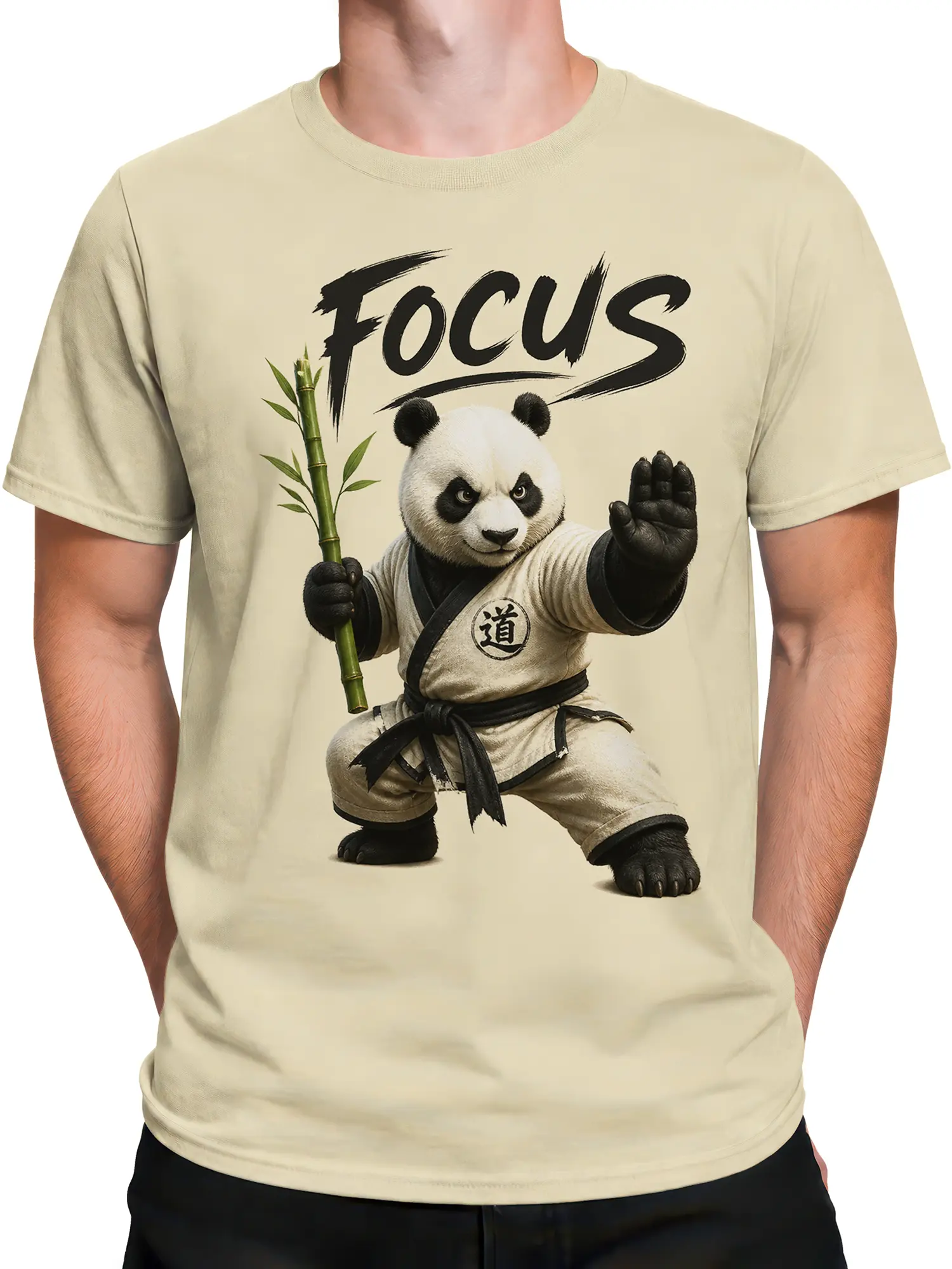 Male torso wearing beige panda T-shirt with bamboo staff and Focus lettering
