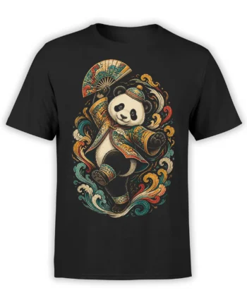 Black T-shirt with an ornate panda in a patterned robe, folding fan, and colorful swirling waves