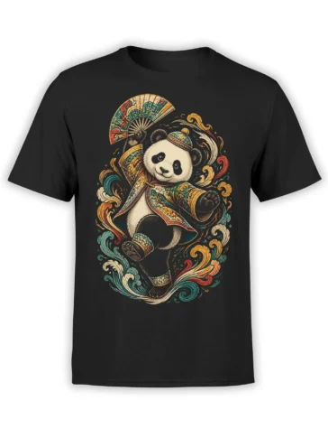 Black T-shirt with an ornate panda in a patterned robe, folding fan, and colorful swirling waves