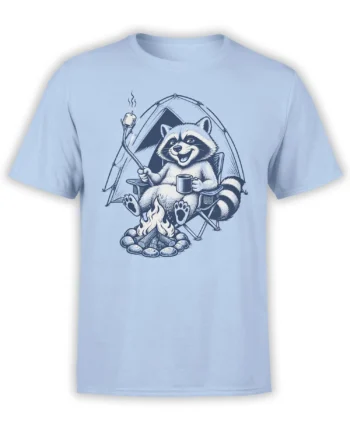 Light blue T-shirt featuring a cheerful raccoon camping by a fire with a mug, marshmallow, chair, and tent