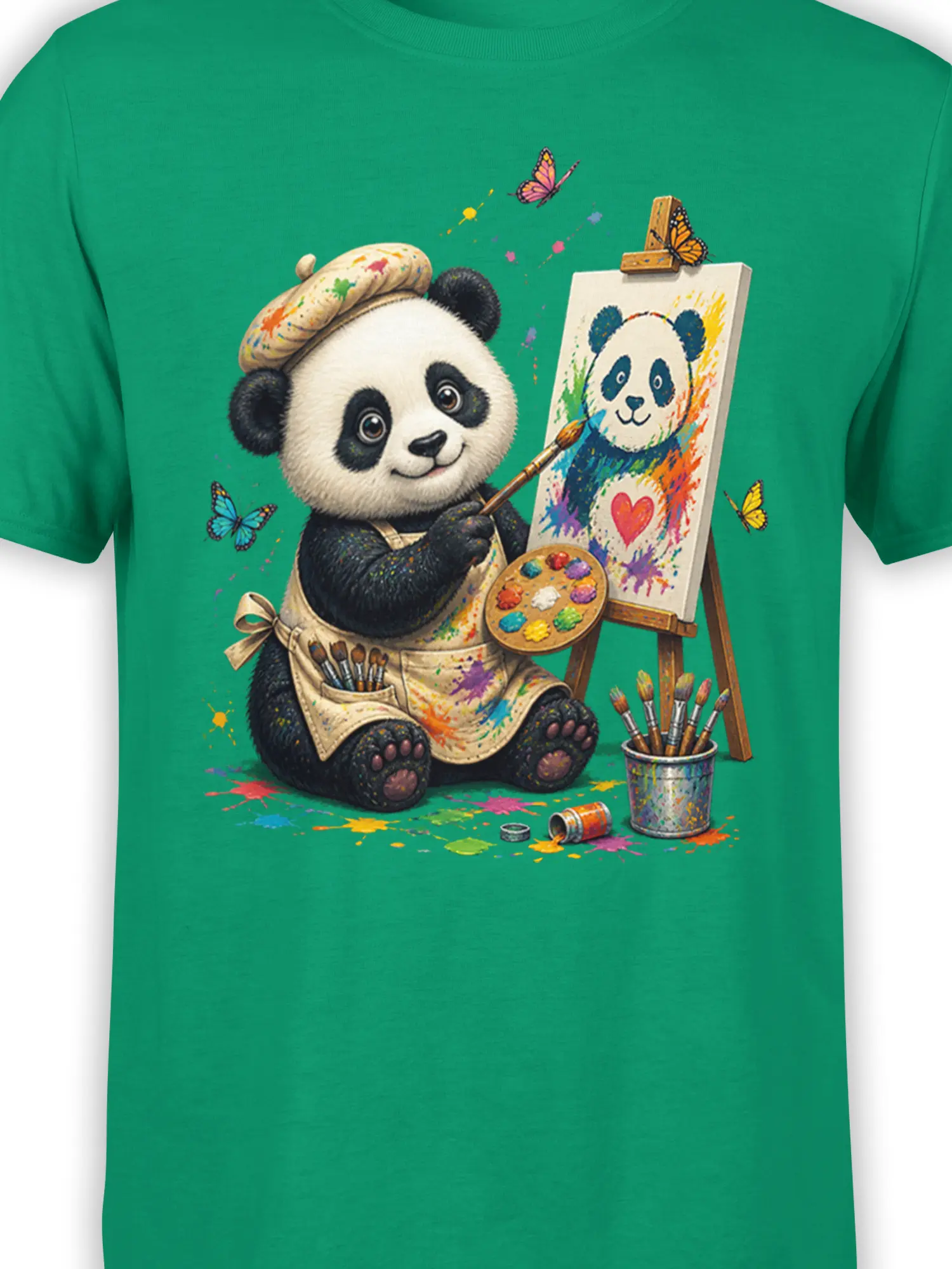 Close-up of panda artist, paint palette, easel, and butterflies on green fabric